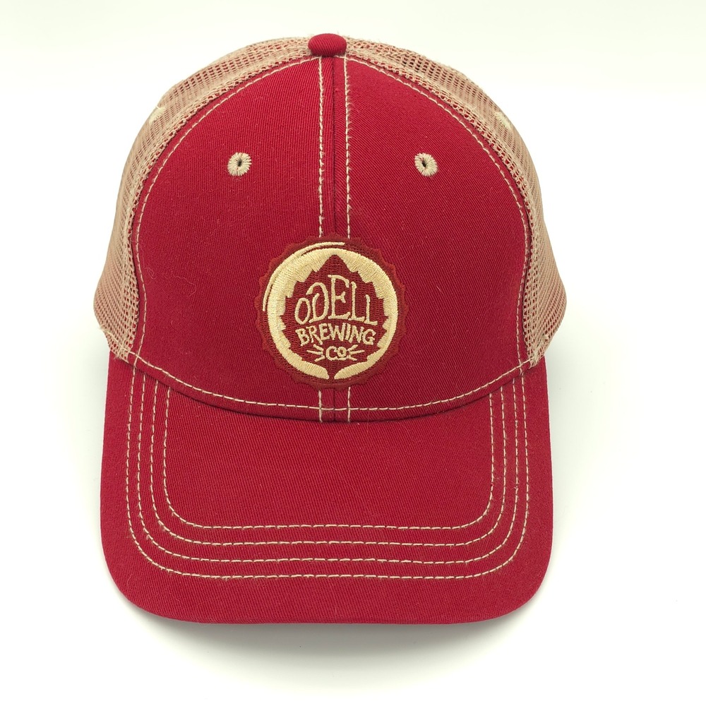 Odell Brewing Co Hat Cap Mens Snap Back Red Tan Mesh Trucker Colorado Beer Gorp